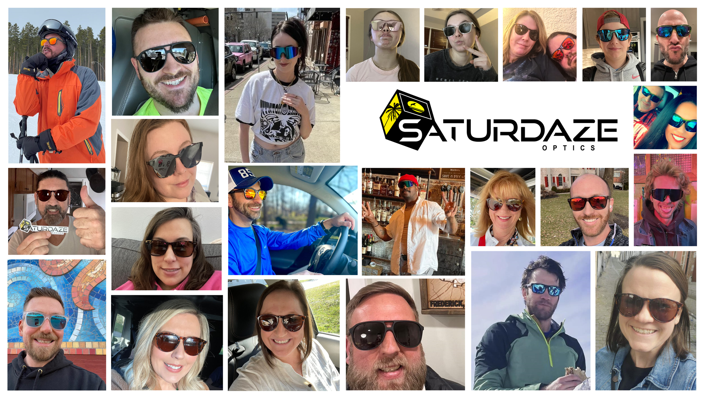 SATURDAZE Optics customers - a product photography picture collage of customers wearing SATURDAZE Optics sunglasses.