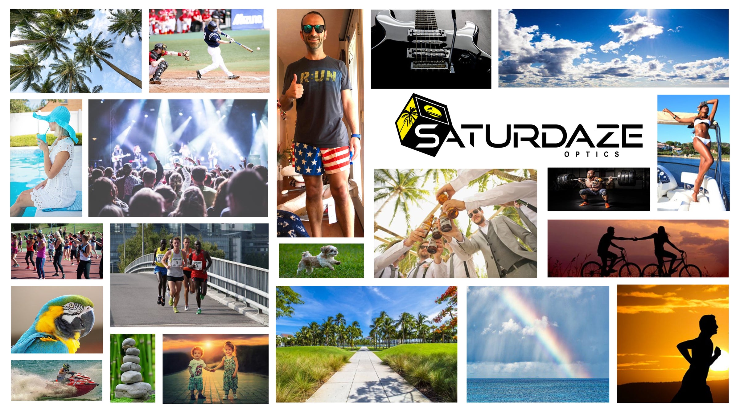 We love sunglasses. A picture collage of outdoor, fun, sporty activities enjoyed with sunglasses. Running, concert, ocean, pool, weightlifting, etc.